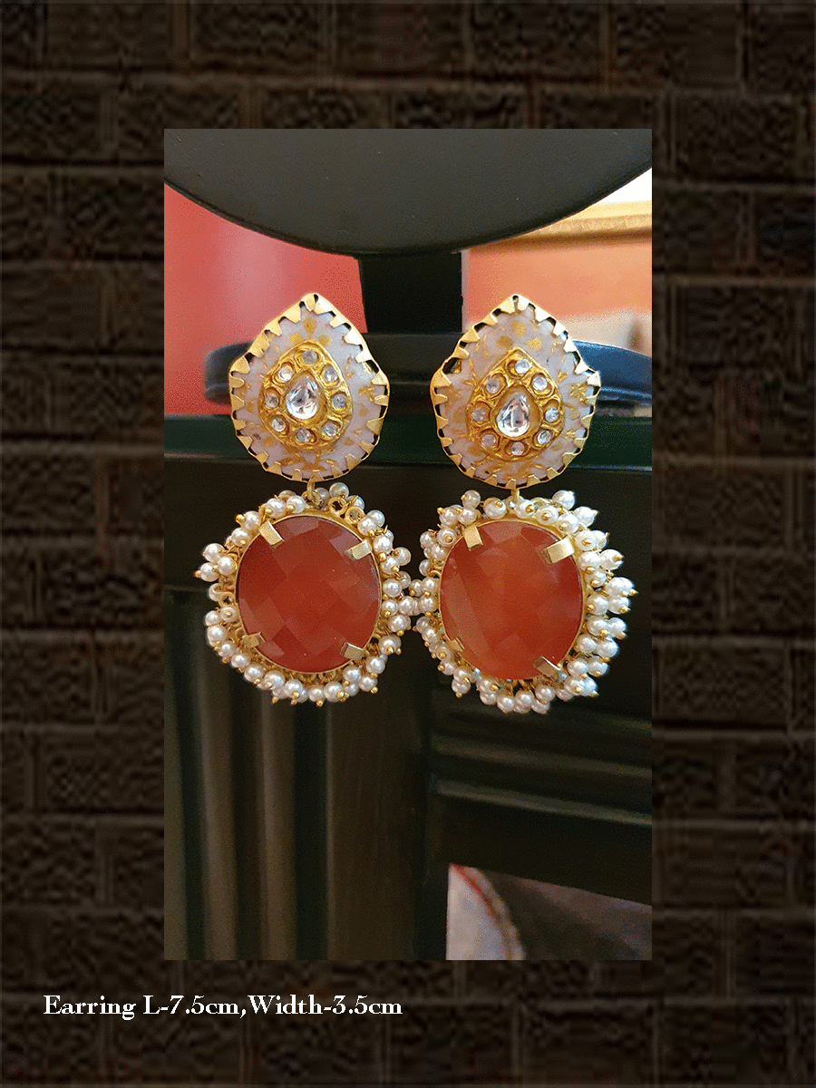 White stone with kundan work and oval big rust natural stone earring with pearly cluster - Odara Jewellery