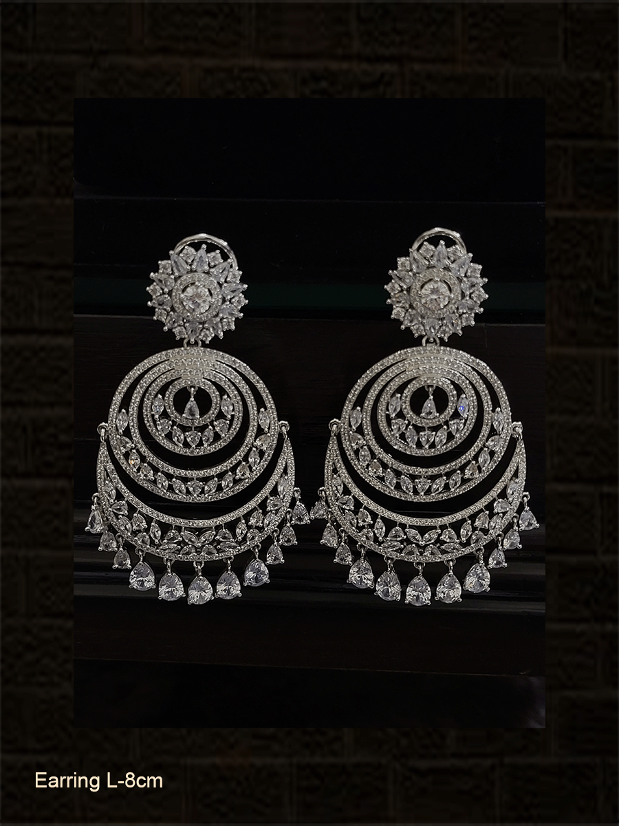 Flower top chandbali design long AD earrings with tear drop shaped white stones