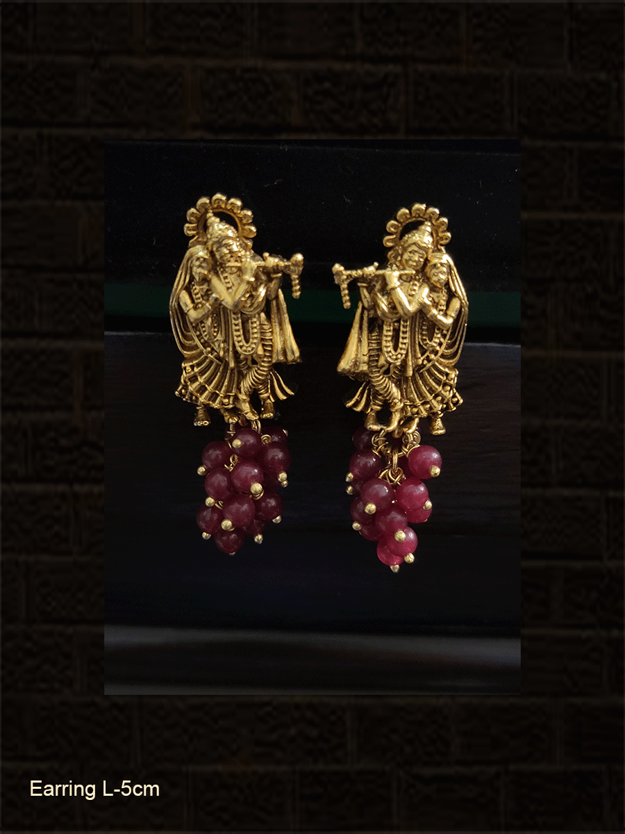 Radha Krishna earrings with bead bunch hanging - Odara Jewellery