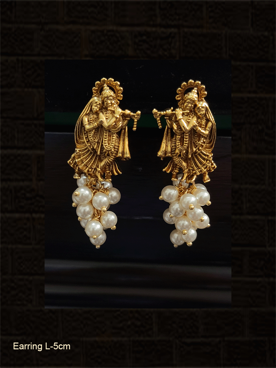Radha Krishna earrings with bead bunch hanging - Odara Jewellery