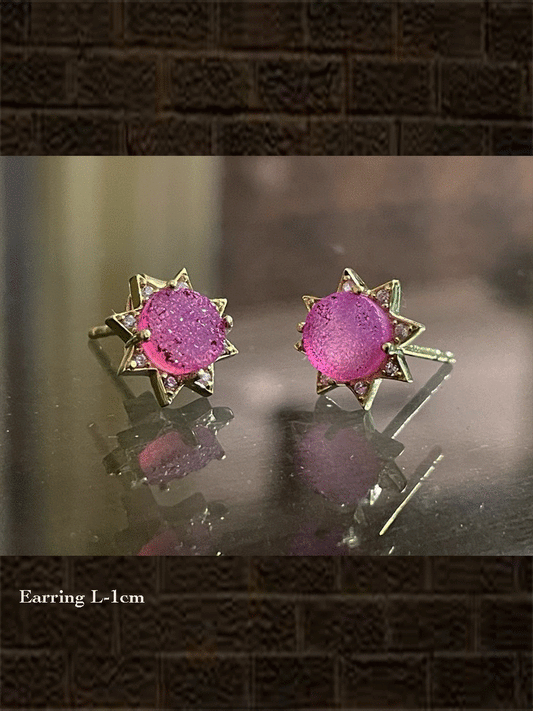 Pink titanium druzy with cubic zirconia star design sterling silver studs - Odara Jewellery