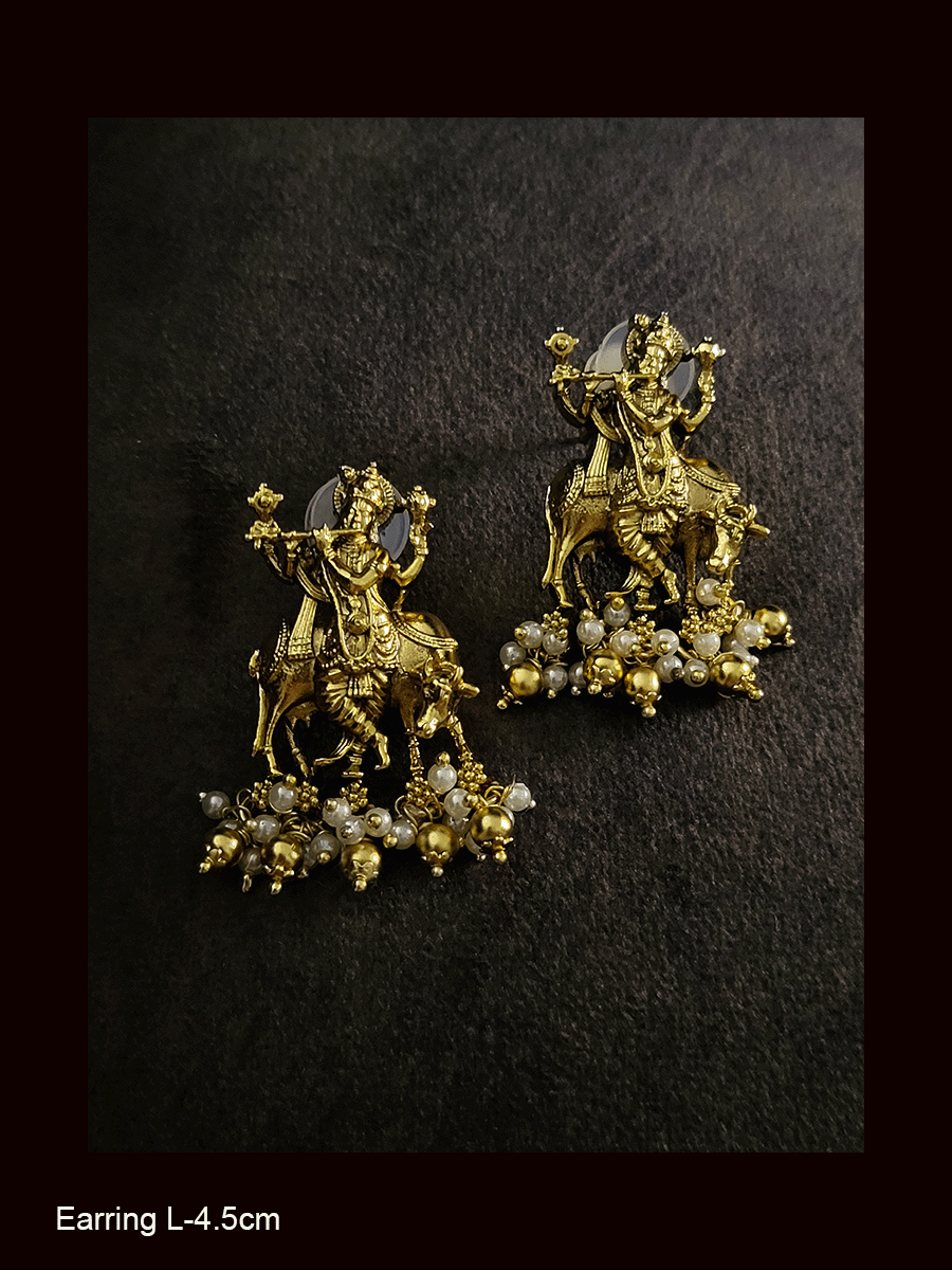Krishna with cow earrings with different colour drops