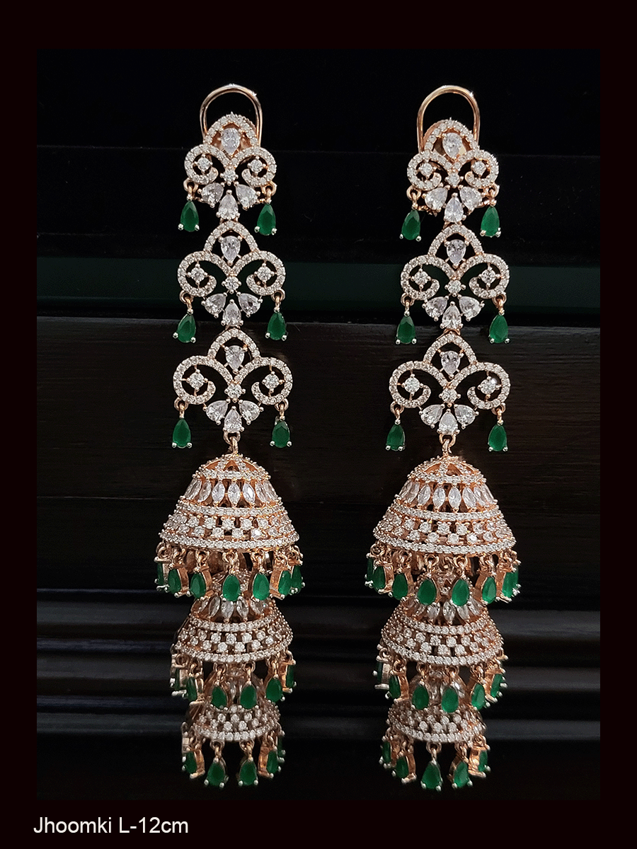 Rosegold finish 12 cm long AD triple layer jhoomki earrings with coloured tear drop stones