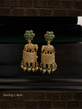Load image into Gallery viewer, Stone studded flower design top elephants on half cylindrical design earrings - Odara Jewellery