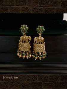 Stone studded flower design top elephants on half cylindrical design earrings - Odara Jewellery
