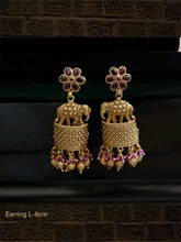 Load image into Gallery viewer, Stone studded flower design top elephants on half cylindrical design earrings - Odara Jewellery