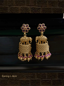 Stone studded flower design top elephants on half cylindrical design earrings - Odara Jewellery
