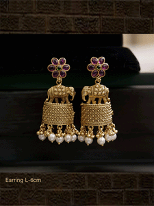 Stone studded flower design top elephants on half cylindrical design earrings - Odara Jewellery