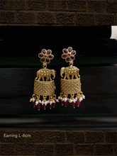 Load image into Gallery viewer, Stone studded flower design top elephants on half cylindrical design earrings - Odara Jewellery