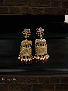 Stone studded flower design top elephants on half cylindrical design earrings - Odara Jewellery
