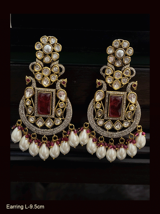 Antique finish AD and kundan peacock design rectangular stones long earrings with pearl drops