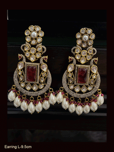 Antique finish AD and kundan peacock design rectangular stones long earrings with pearl drops
