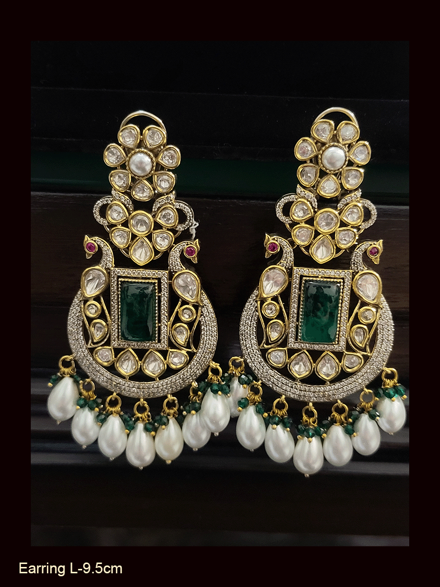 Antique finish AD and kundan peacock design rectangular stones long earrings with pearl drops