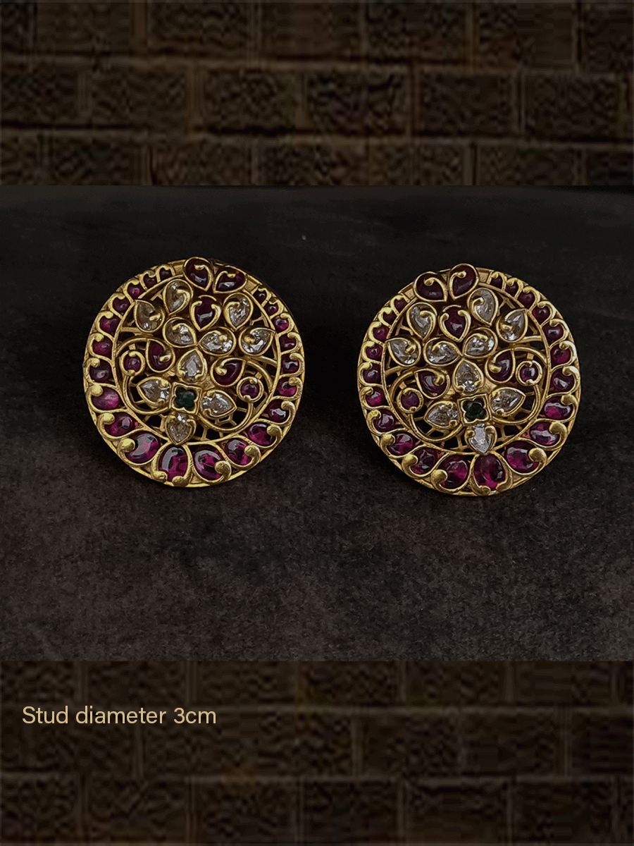 Round bold polki,ruby and green stones studs - Odara Jewellery