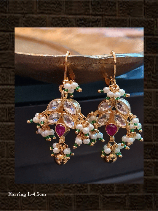 Small kundan leaf earrings with pearl drops and ruby stone - Odara Jewellery