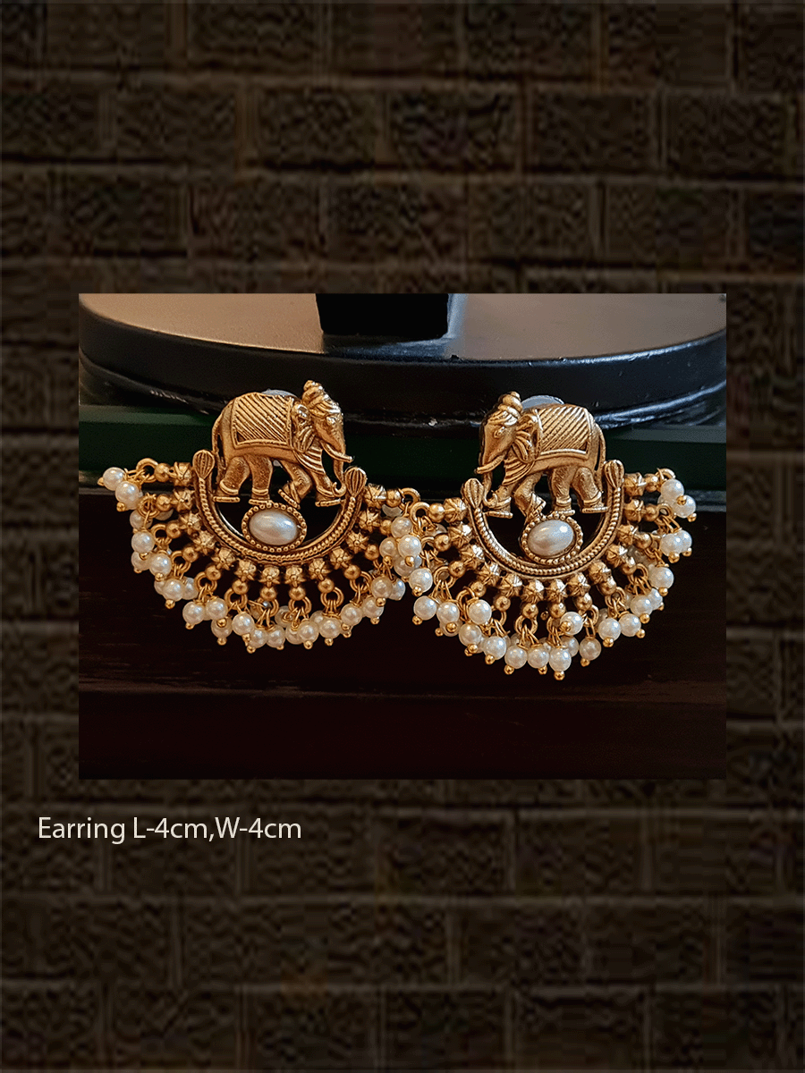 Elephant top semi circular design pearly hanging earrings - Odara Jewellery