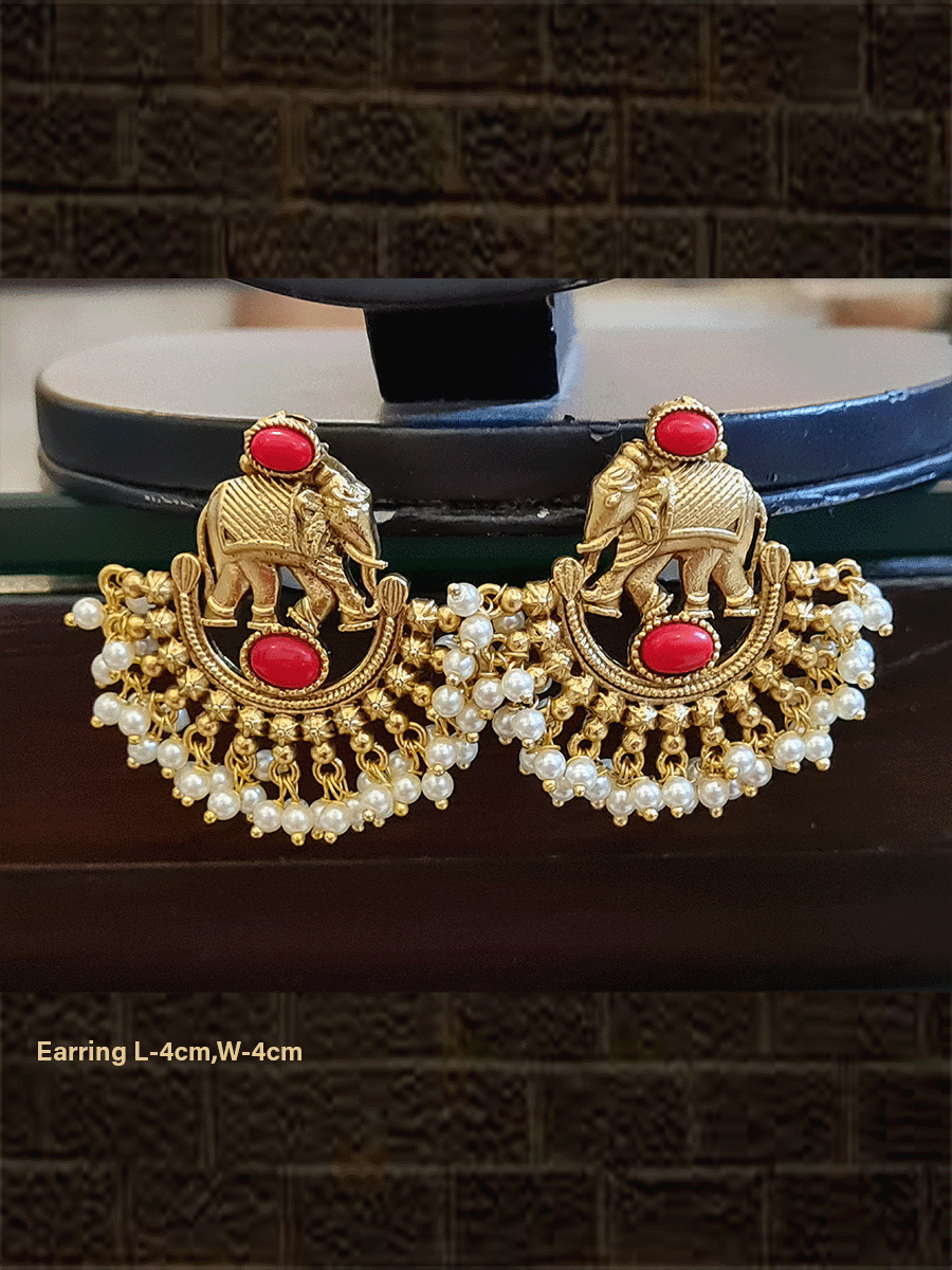 Elephant top semi circular design pearly hanging earrings - Odara Jewellery