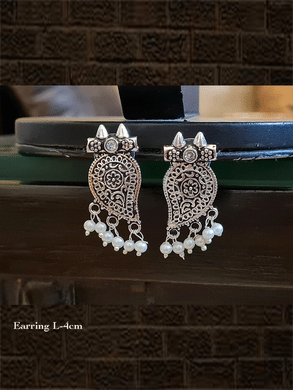 Leaf shaped german silver earrings with pearl drops - Odara Jewellery