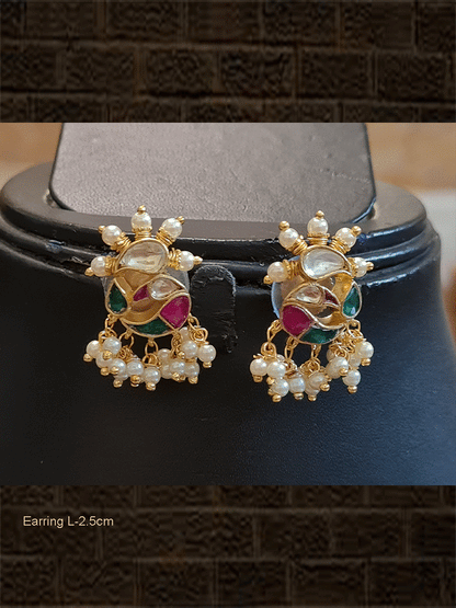 Small peacock design kundan earrings with hanging pearl beads and pearls on the crown - Odara Jewellery