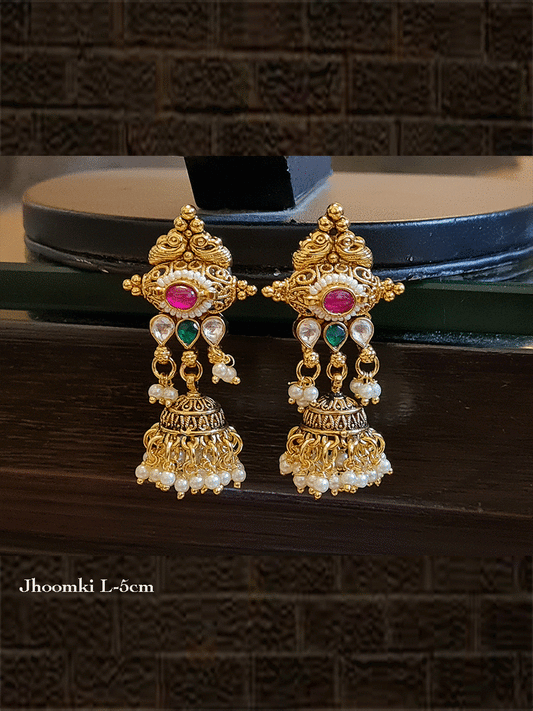 Ruby stone pirohi jhoomki with kundan and green stone - Odara Jewellery