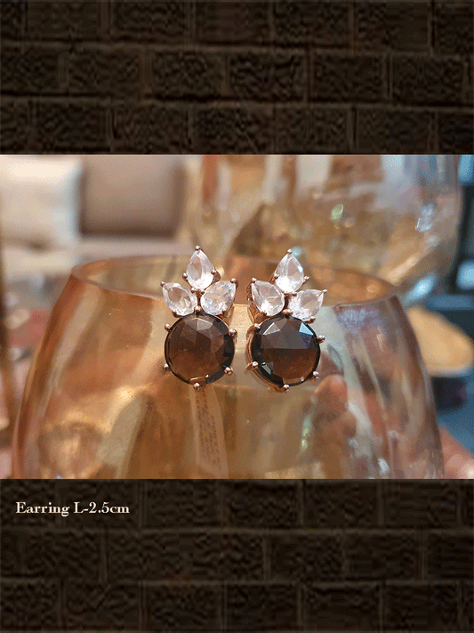 Matt rosegold plated sterling silver crystal quartz and smoky quartz post stud earring(wt-8.323gm) - Odara Jewellery