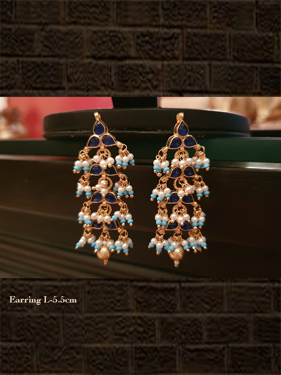 Blue stone leaf design earring with ferozi bead detailing - Odara Jewellery