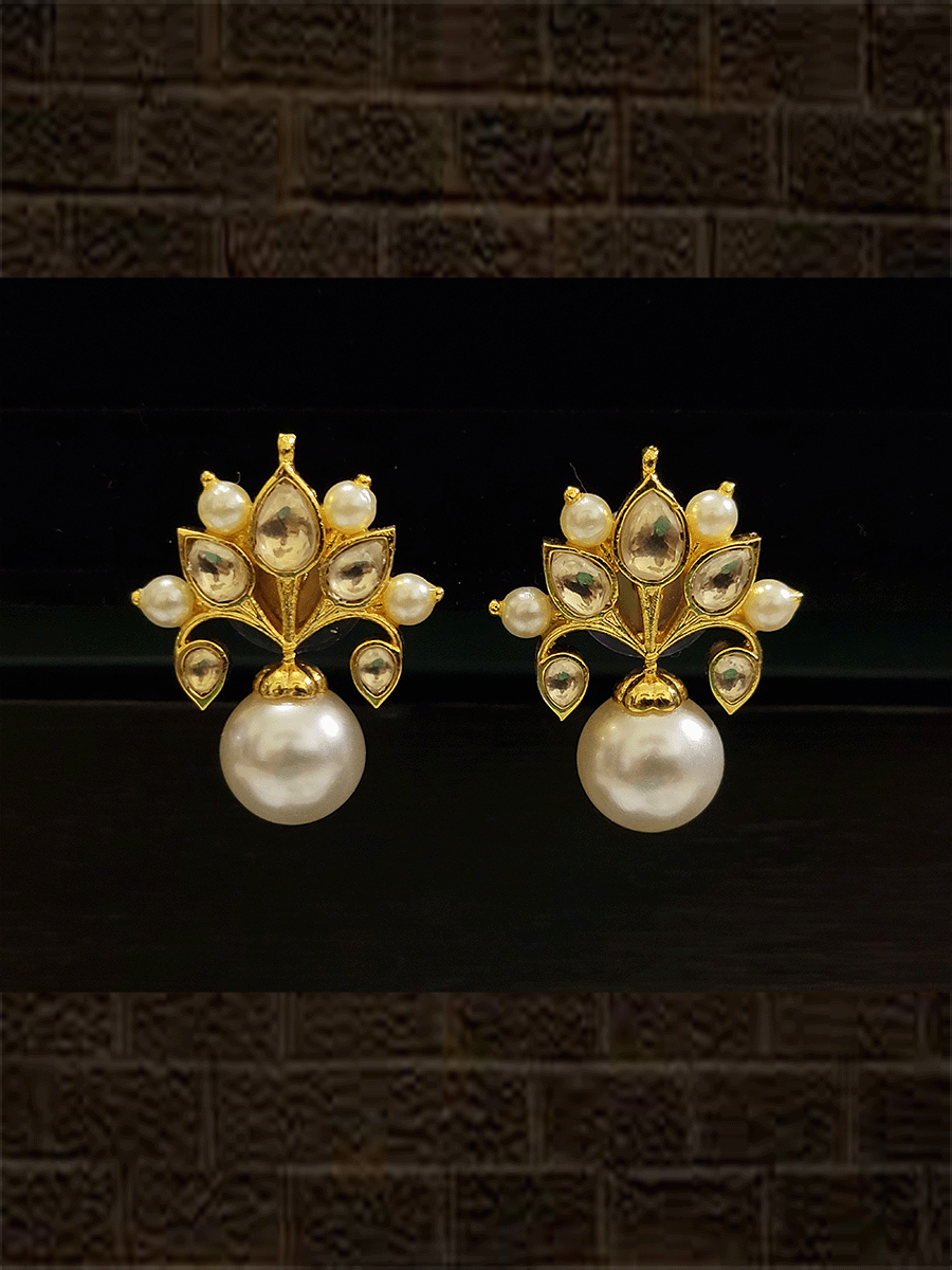 Half flower design earring with pearl drop - Odara Jewellery