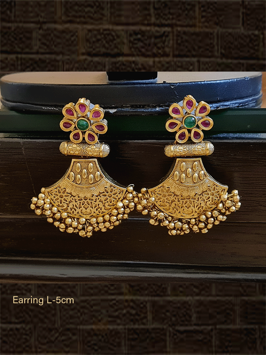Ruby and green flower design top intricate golden earrings with ghunghru cluster lace - Odara Jewellery