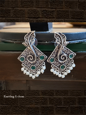 Leaf in square shaped german silver earrings with stones and pearl drops - Odara Jewellery