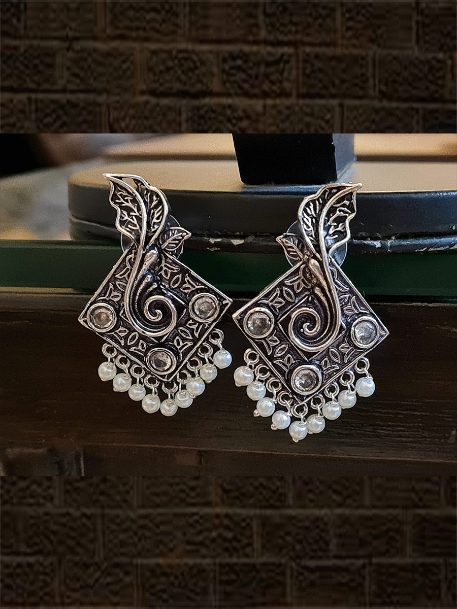 Leaf in square shaped german silver earrings with stones and pearl drops - Odara Jewellery