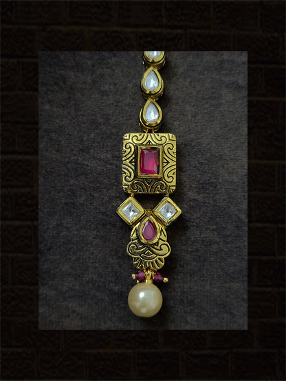 Antique tukdi with ruby stones and kundan maangtika