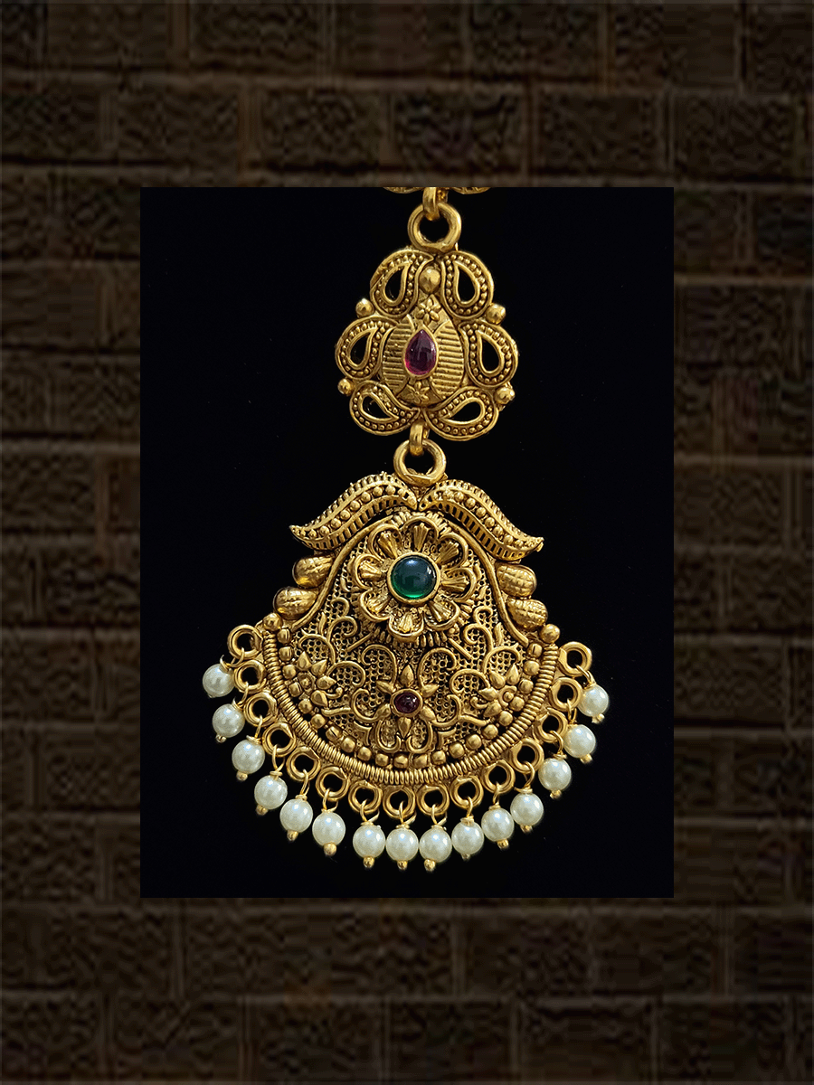 Self design ruby and green stones maangtika with leaf design chain - Odara Jewellery