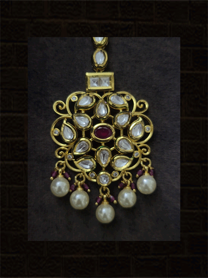 Oval ruby stone kundan intricate design pearl and ruby bead drops maangtika