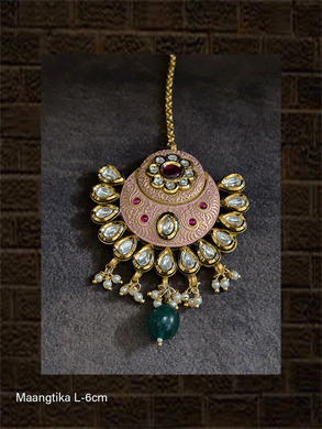 Pink enamel with green drop kundan maangtika - Odara Jewellery