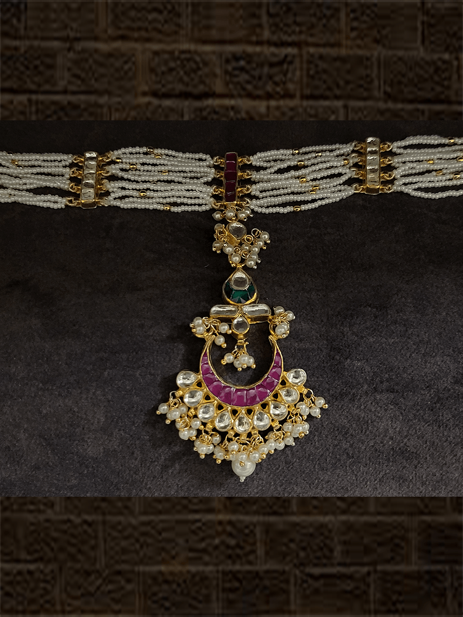 Ruby,green and kundan sheeshphool with rectangular kundan connectors - Odara Jewellery