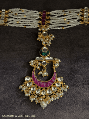Ruby,green and kundan sheeshphool with rectangular kundan connectors - Odara Jewellery