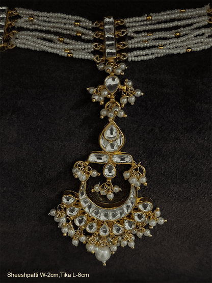 Ruby,green and kundan sheeshphool with rectangular kundan connectors - Odara Jewellery