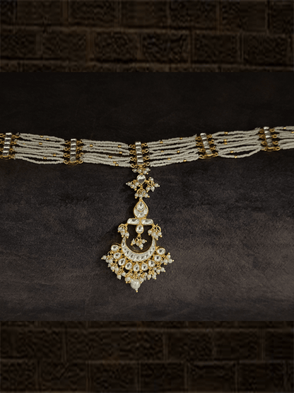 Ruby,green and kundan sheeshphool with rectangular kundan connectors - Odara Jewellery
