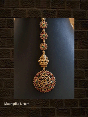 Laxmiji and flower design kemp ruby green stones round maangtika - Odara Jewellery