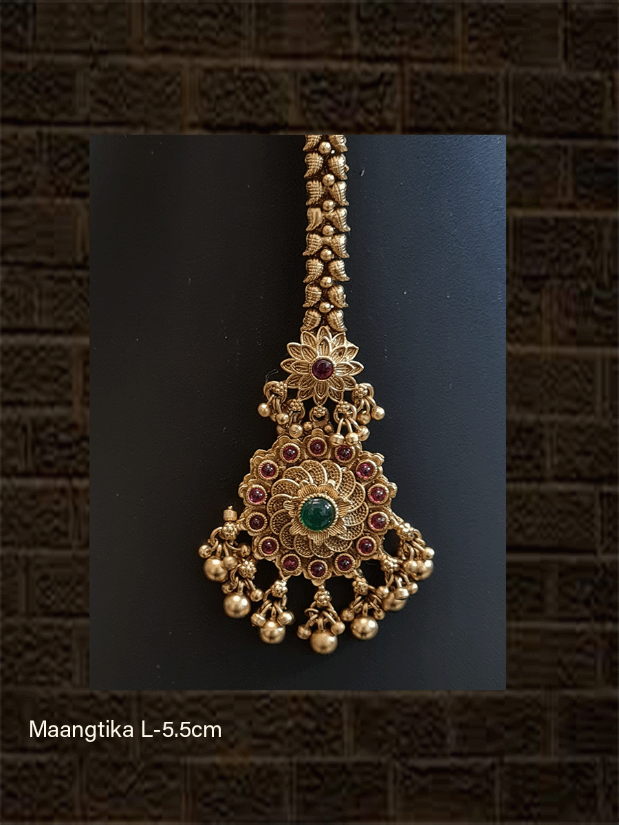 Ruby and green stones studded flower design Maangtika - Odara Jewellery