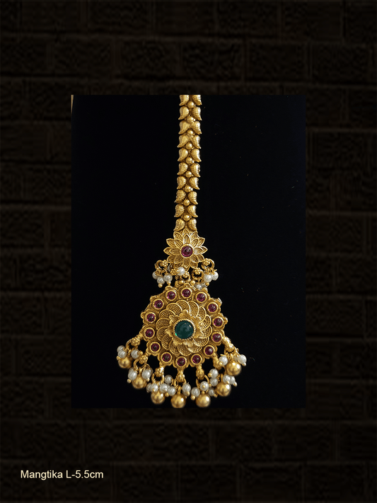 Ruby and green stones studded flower design Maangtika - Odara Jewellery