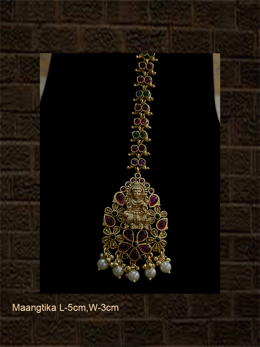 Ruby and green stone studded leaf design chain with laxmiji motif maangtika - Odara Jewellery