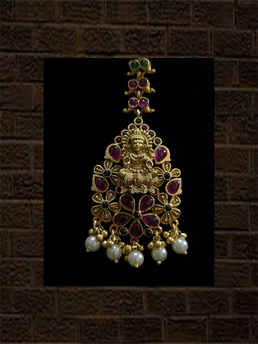 Ruby and green stone studded leaf design chain with laxmiji motif maangtika - Odara Jewellery