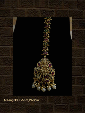 Ruby and green stone studded leaf design chain with laxmiji motif maangtika - Odara Jewellery