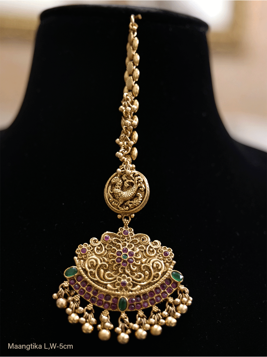 Peacock and flower design ruby and green stones maangtika - Odara Jewellery