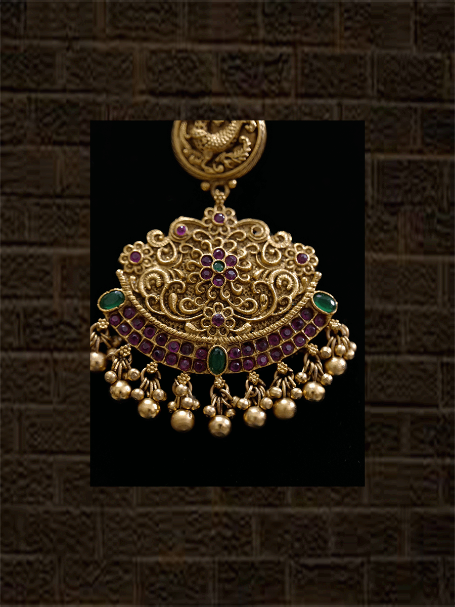 Peacock and flower design ruby and green stones maangtika - Odara Jewellery