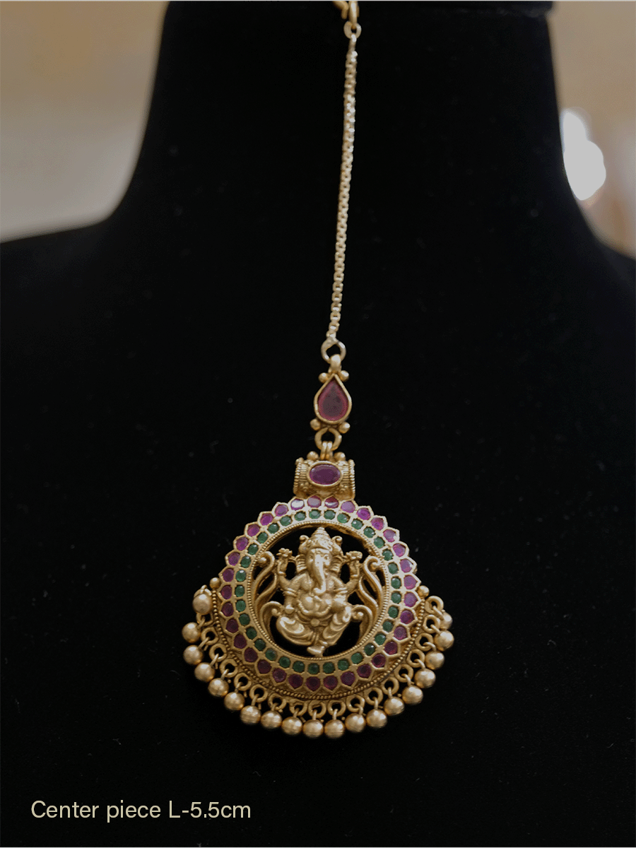 Ganpatiji motif maangtika with ruby green stones - Odara Jewellery