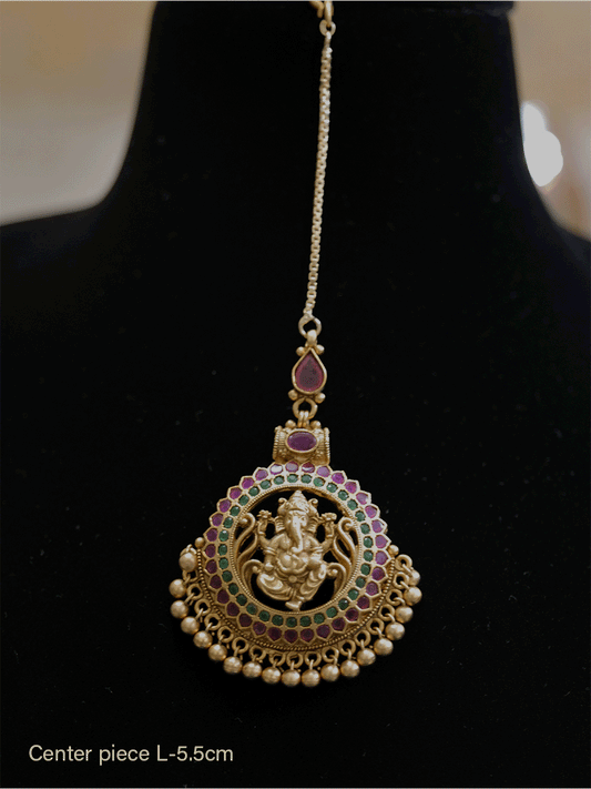 Ganpatiji motif maangtika with ruby green stones - Odara Jewellery