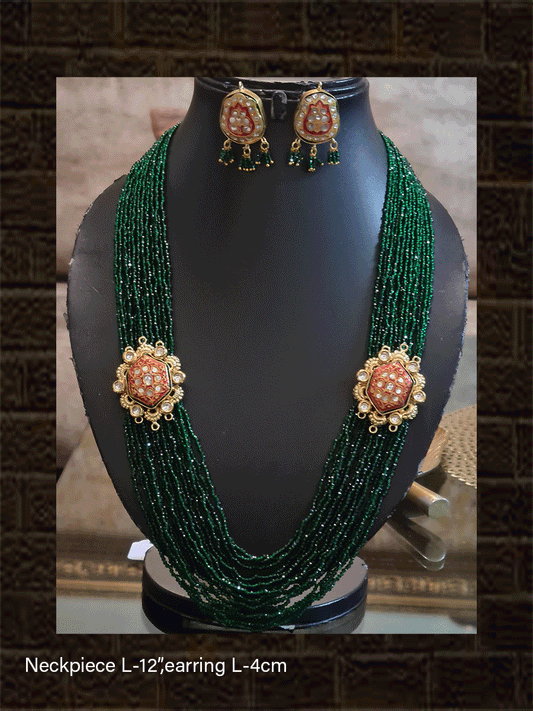 Multiple green strings 12' long neckpiece with red blue enamel with kundan side brooches set with studs - Odara Jewellery