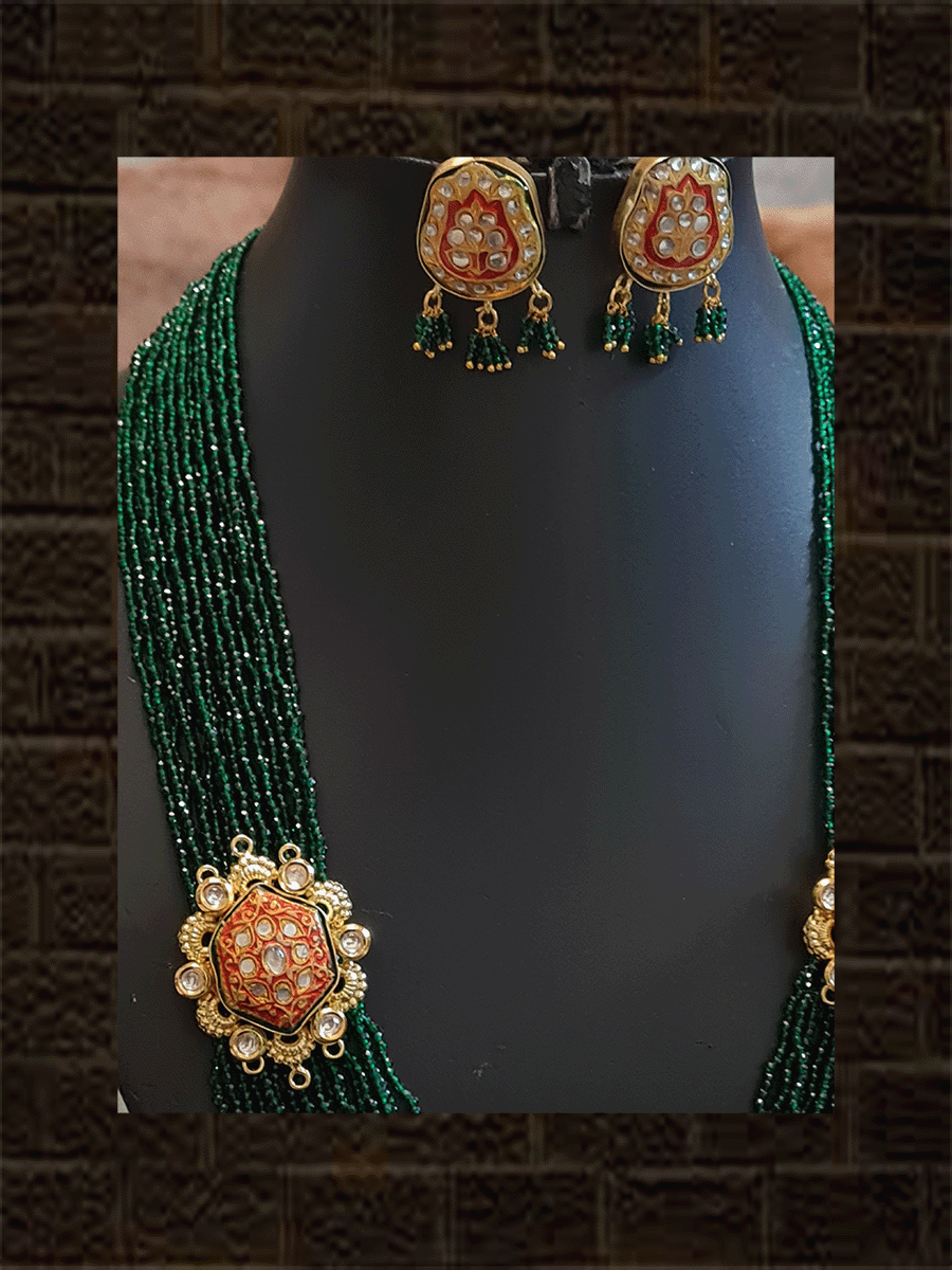 Multiple green strings 12' long neckpiece with red blue enamel with kundan side brooches set with studs - Odara Jewellery